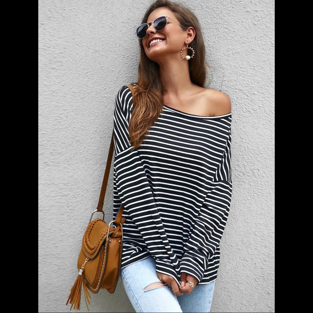 ANGELA Off Shoulder Black & White Striped Top! - Picture 5 of 7